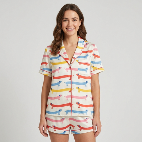 Women's satin pajama set with dachshunds in coral, yellow, sky blue and pink stripes on creamy white with pink piping - short sleeve and shorts