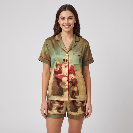 Santa's Bathroom Break Women's Pajama Set - short sleeve and shorts