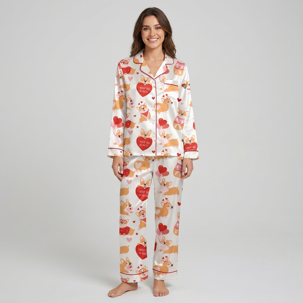 Women's satin pajama set with corgis in heart sunglasses with red hearts on white - long sleeve and pants