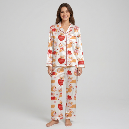 Women's satin pajama set with corgis in heart sunglasses with red hearts on white - long sleeve and pants