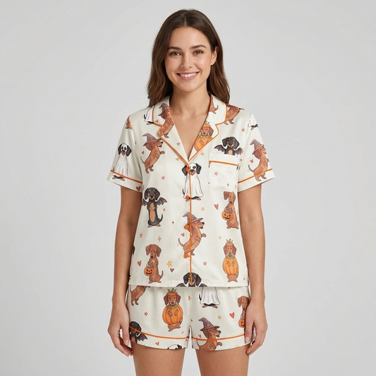 Women's satin pajama set with dachshunds in witch hats, bat wings and ghost sheets on white - short sleeve and shorts