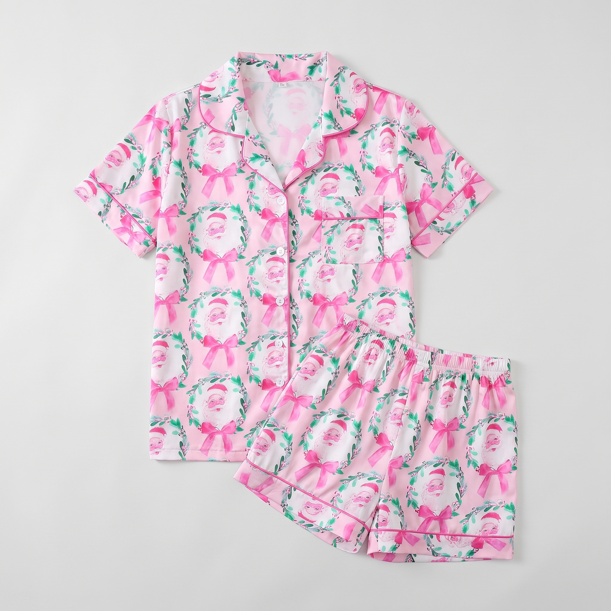 Pink Bow Santa Wreaths Women's Pajama Set - flat lay