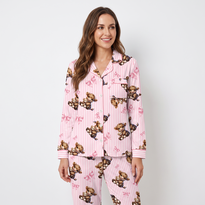 Highland Cows & Bows Women's Pajama Set - Pink - long sleeve and pants
