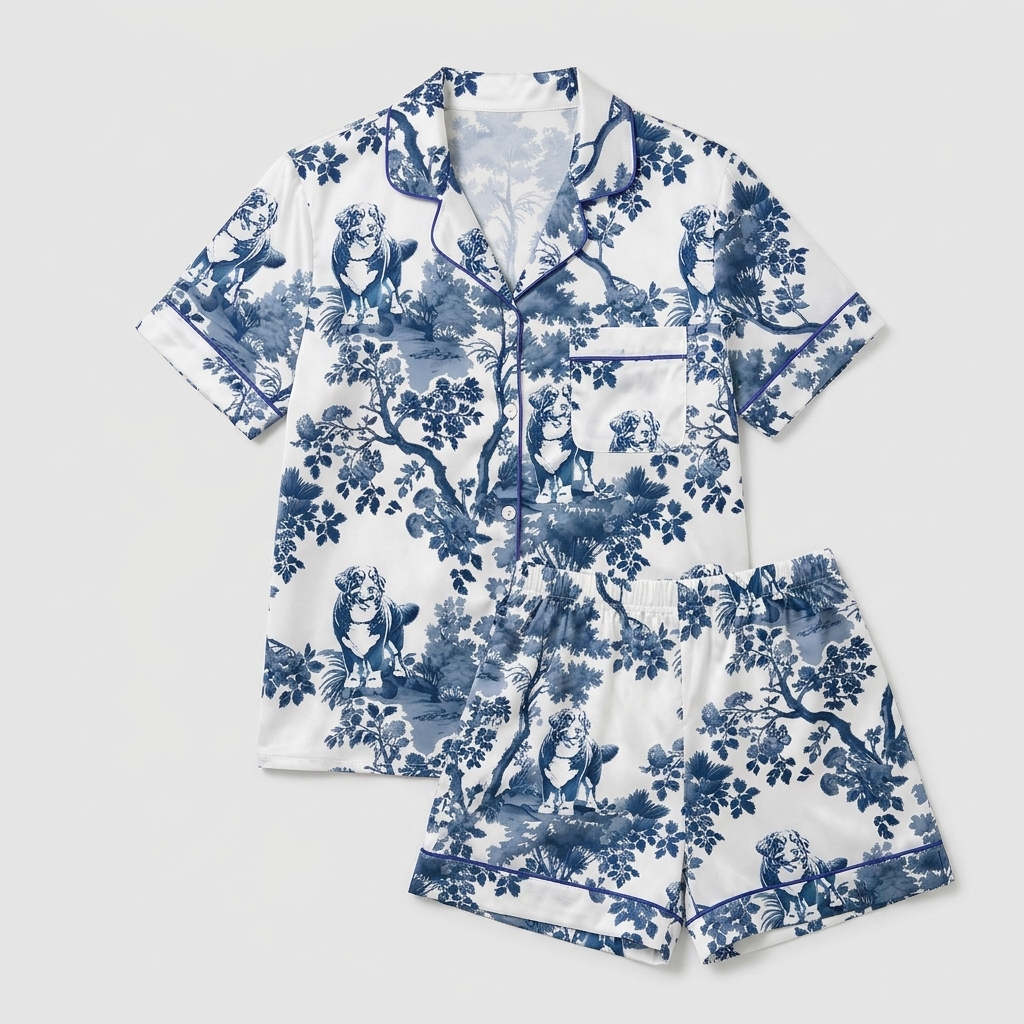 Women's satin pajama set with Bernese mountain dogs in a navy blossom toile on white - flat lay
