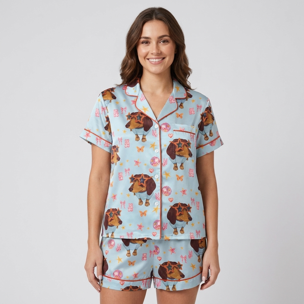 Sunglasses Dachshund Bows Women's Pajama Set - Blue short sleeve and shorts