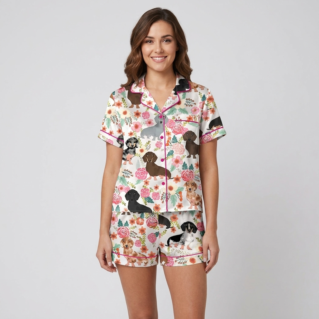 Women's satin pajama set with dachshunds among pink roses, peach blooms and leaves on white - short sleeve and shorts