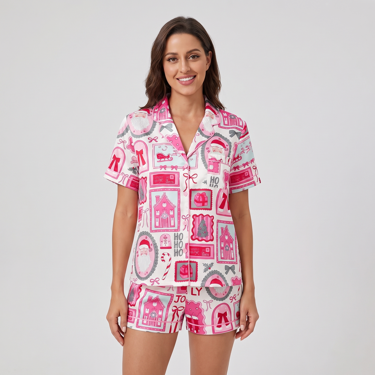 Jolly Pink Postcards Women's Pajama Set - short sleeve and shorts