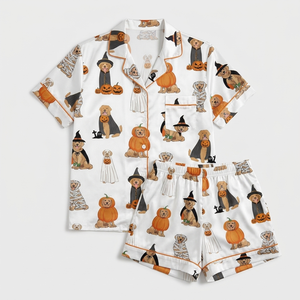 Women's satin pajama set with golden retrievers in witch hats, mummy wraps and ghost sheets on white - flat lay