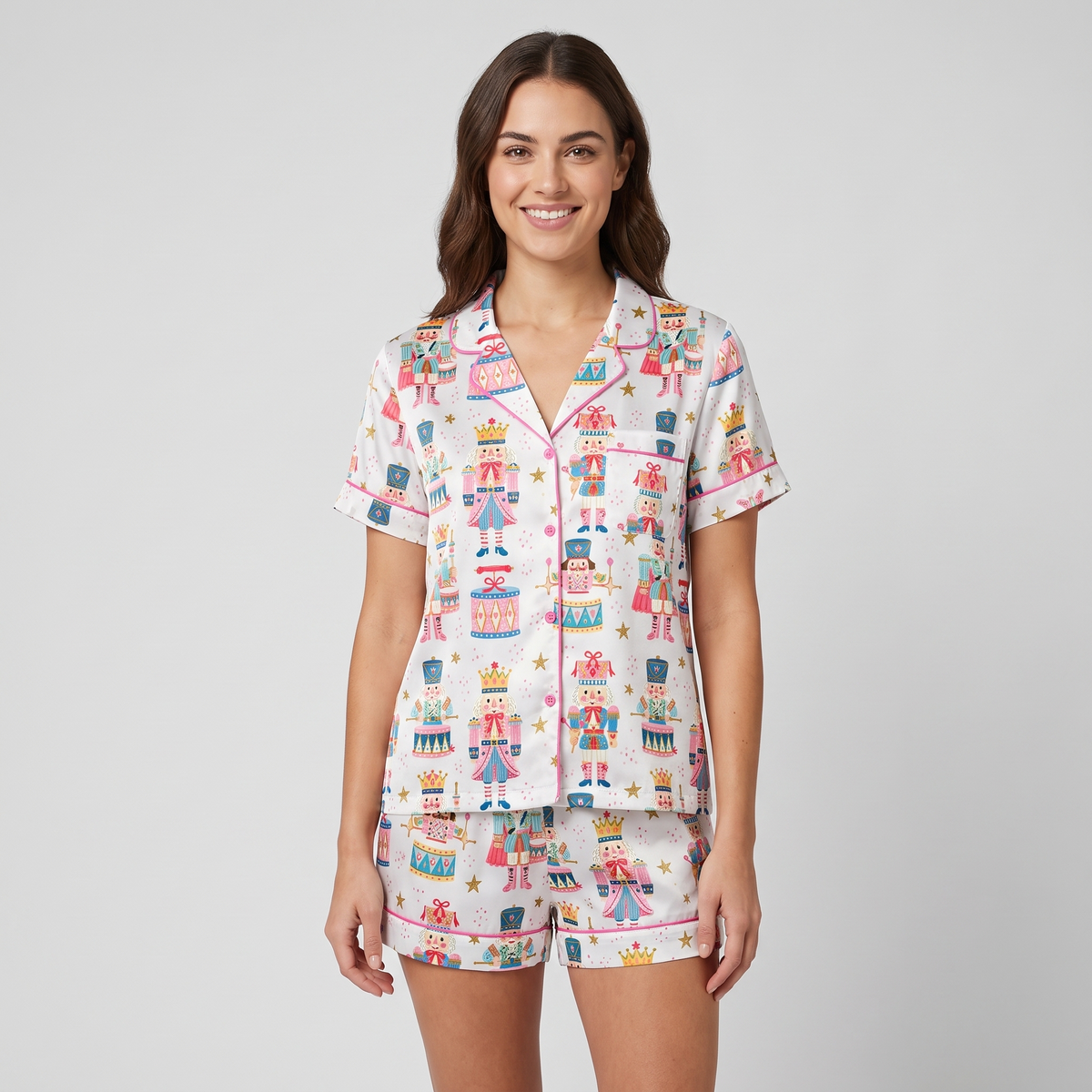 Candy Nutcracker Rows Women's Pajama Set - short sleeve and shorts