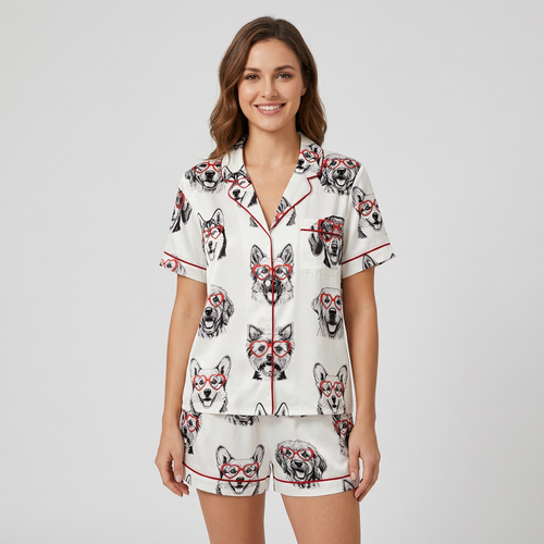 Women's satin pajama set with huskies, golden retrievers and corgis in red heart glasses on white - short sleeve and shorts