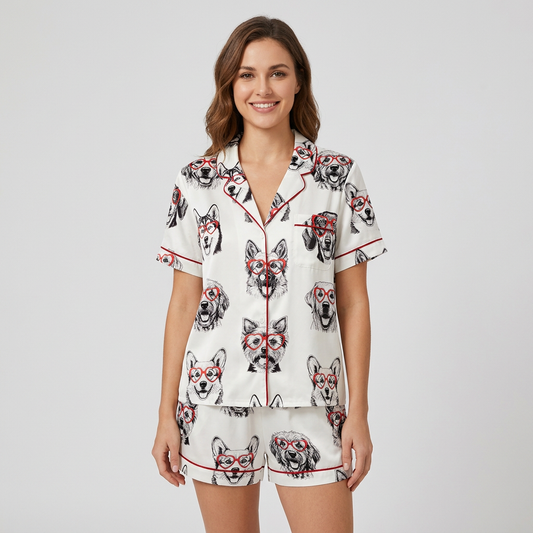 Women's satin pajama set with huskies, golden retrievers and corgis in red heart glasses on white - short sleeve and shorts