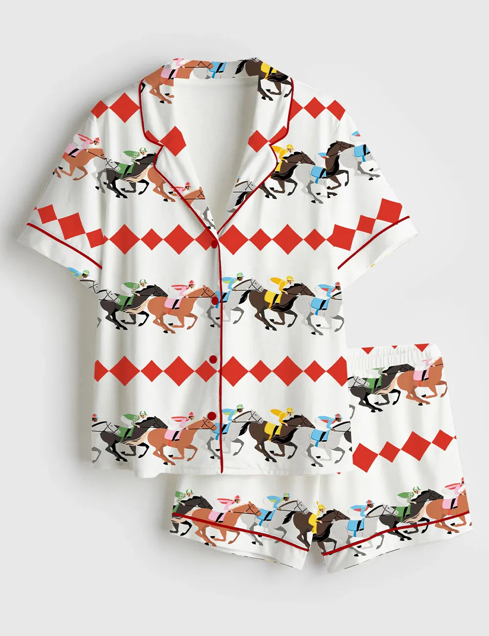 Red Diamond Racetrack Horses Women's Pajama Set - flat lay