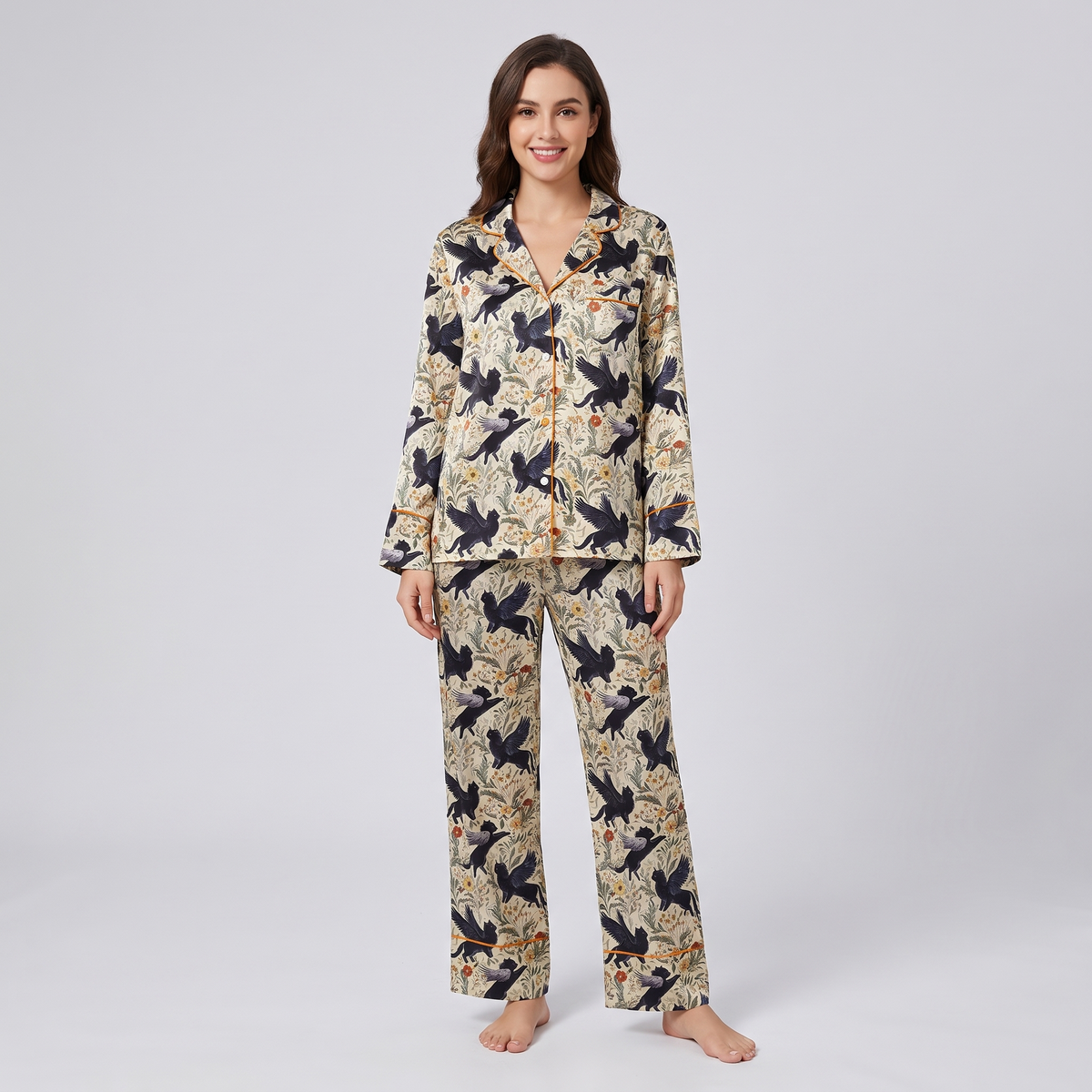 Winged Black Cats Women's Pajama Set - long sleeve and pants