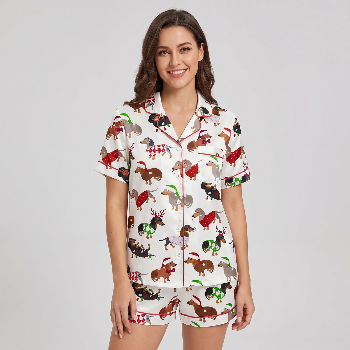 Deck The Halls Dachshunds Women's Pajama Set - short sleeve and shorts