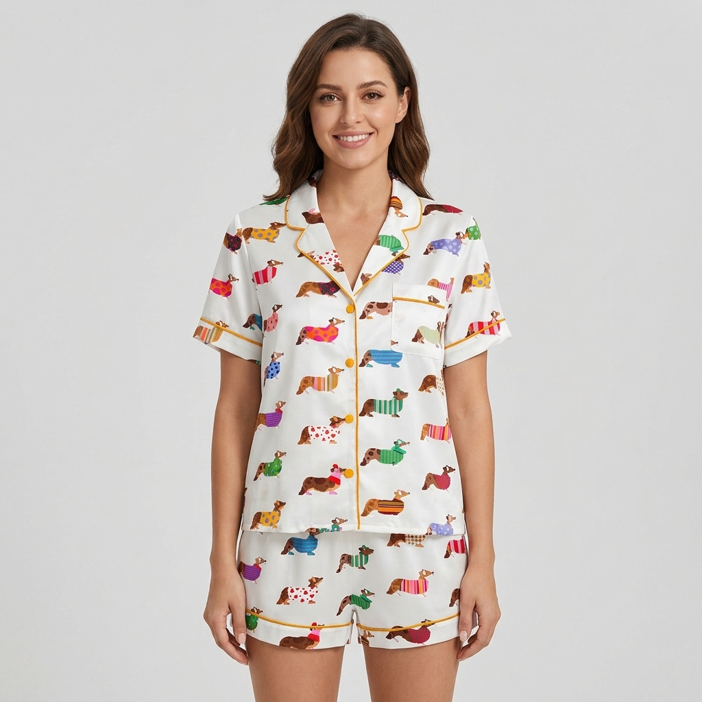 Women's satin pajama set with corgis in polka dot, striped and heart-print sweaters on white - short sleeve and shorts
