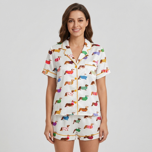 Women's satin pajama set with corgis in polka dot, striped and heart-print sweaters on white - short sleeve and shorts
