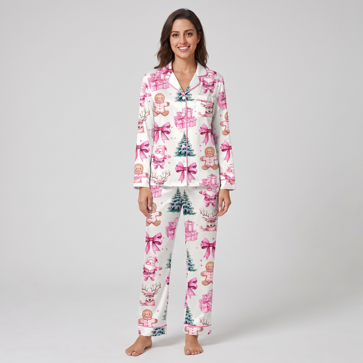 Girly Pink Christmas Women's Pajama Set - long sleeve and pants