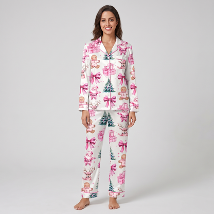Girly Pink Christmas Women's Pajama Set - long sleeve and pants