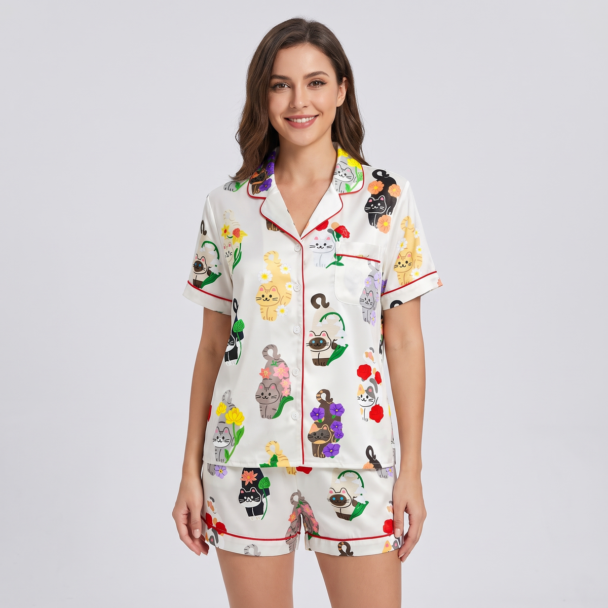Birth Flower Cats Women's Pajama Set - short sleeve and shorts