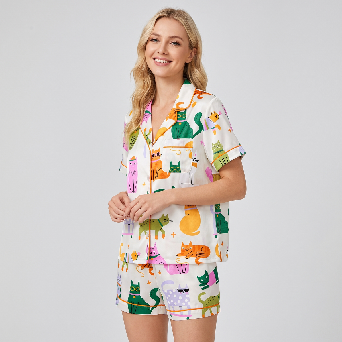 Cats In Sunglasses Women's Pajama Set - short sleeve and shorts