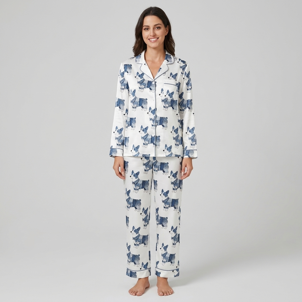 Women's satin pajama set with watercolor indigo corgis in neat rows on white - long sleeve and pants