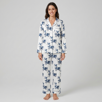 Women's satin pajama set with watercolor indigo corgis in neat rows on white - long sleeve and pants