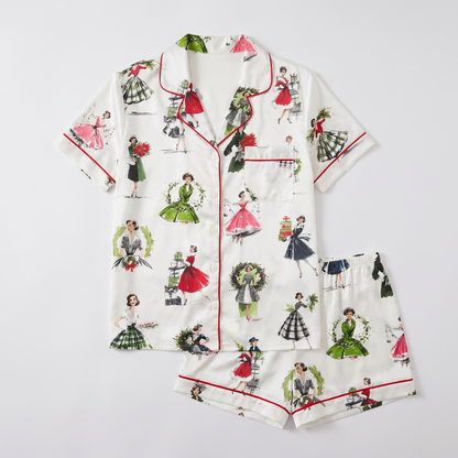 Retro Christmas Ladies Women's Pajama Set - flat lay