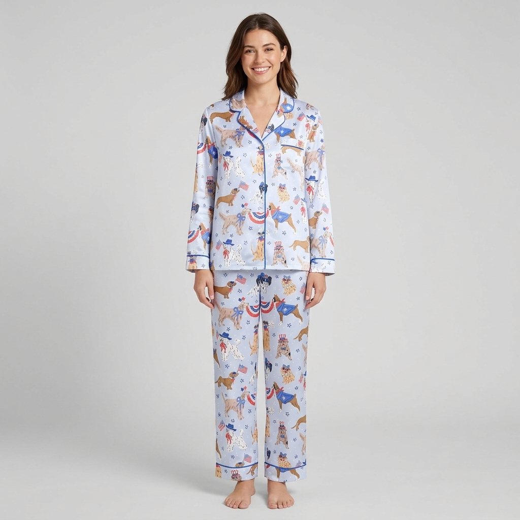 Women's satin pajama set with golden retrievers, a dalmatian and a bulldog in star hats on pale periwinkle - long sleeve and pants