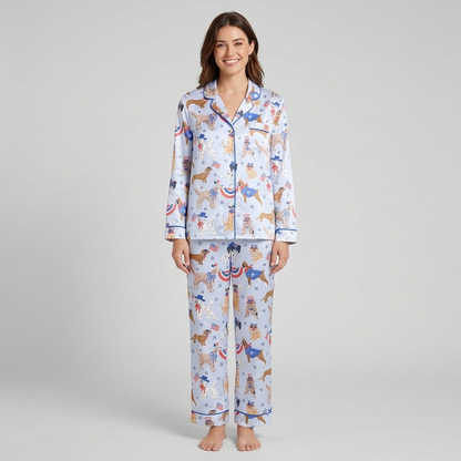Women's satin pajama set with golden retrievers, a dalmatian and a bulldog in star hats on pale periwinkle - long sleeve and pants