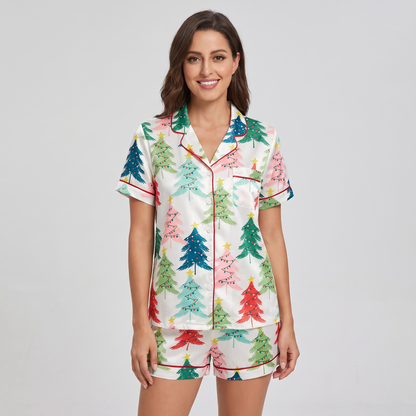 Playful Christmas Trees Women's Pajama Set - short sleeve and shorts