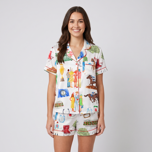 Derby Day Gold Trophy Horse Women's Pajama Set - short sleeve and shorts