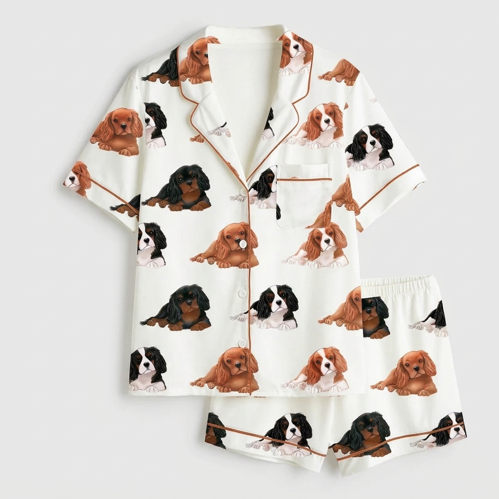 Women's satin pajama set with lounging Cavalier King Charles spaniels on white with red piping - flat lay