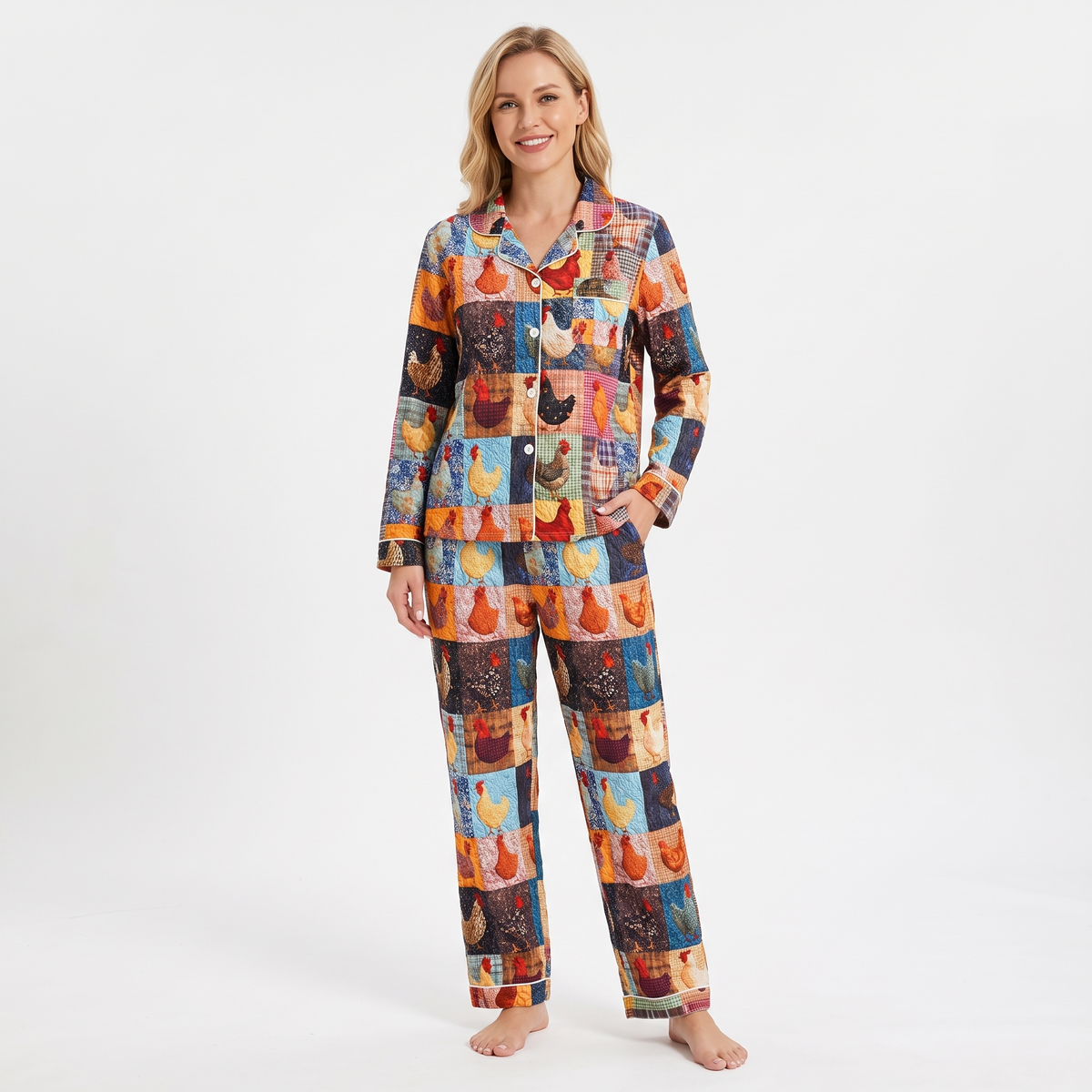 Patchwork Hens Women's Pajama Set - Multicolor - long sleeve and pants