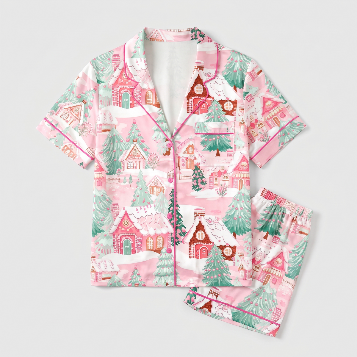Dreamy Pink Houses Women's Pajama Set - flat lay