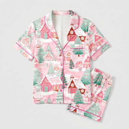 Dreamy Pink Houses Women's Pajama Set - flat lay