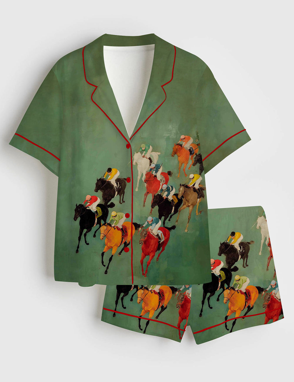 Painted Jockeys Green Race Horse Women's Pajama Set - flat lay