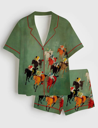 Painted Jockeys Green Race Horse Women's Pajama Set - flat lay