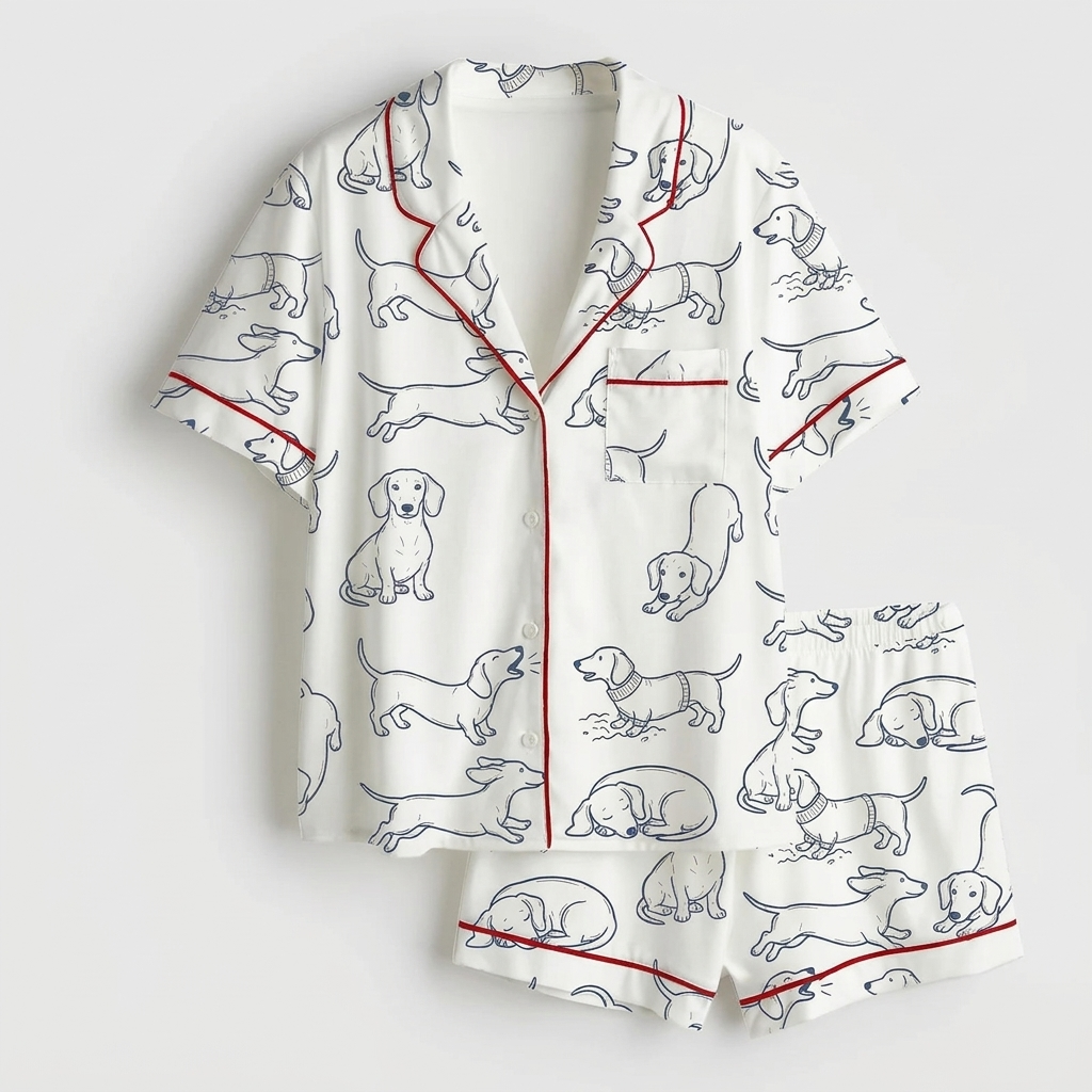 Women's satin pajama set with navy line-drawn dachshunds with red script on white - flat lay