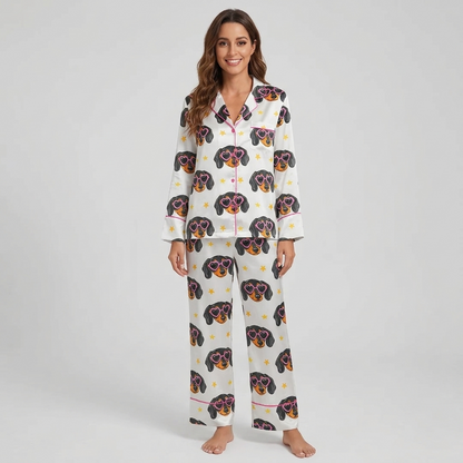 Women's satin pajama set with black-and-tan dachshund faces in pink heart sunglasses and gold stars on white - long sleeve and pants