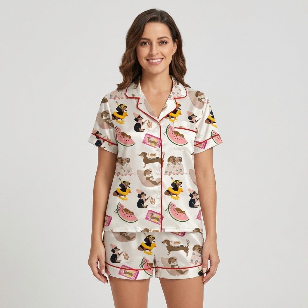 Women's satin pajama set with dachshunds on pool floats with watermelon slices and books on white - short sleeve and shorts
