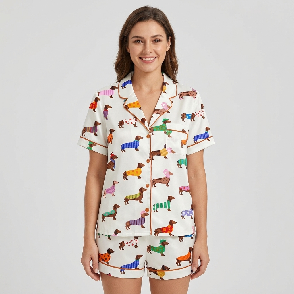 Women's satin pajama set with long dachshunds in striped and polka dot sweaters on white with orange piping - short sleeve and shorts