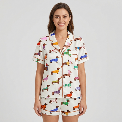 Women's satin pajama set with long dachshunds in striped and polka dot sweaters on white with orange piping - short sleeve and shorts