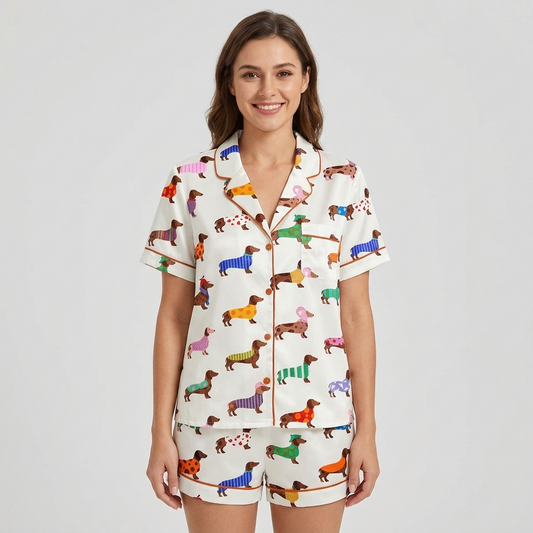 Women's satin pajama set with long dachshunds in striped and polka dot sweaters on white with orange piping - short sleeve and shorts