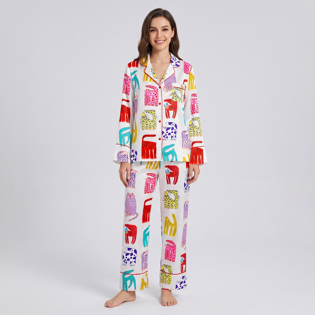 Bold Block Cats Women's Pajama Set - long sleeve and pants
