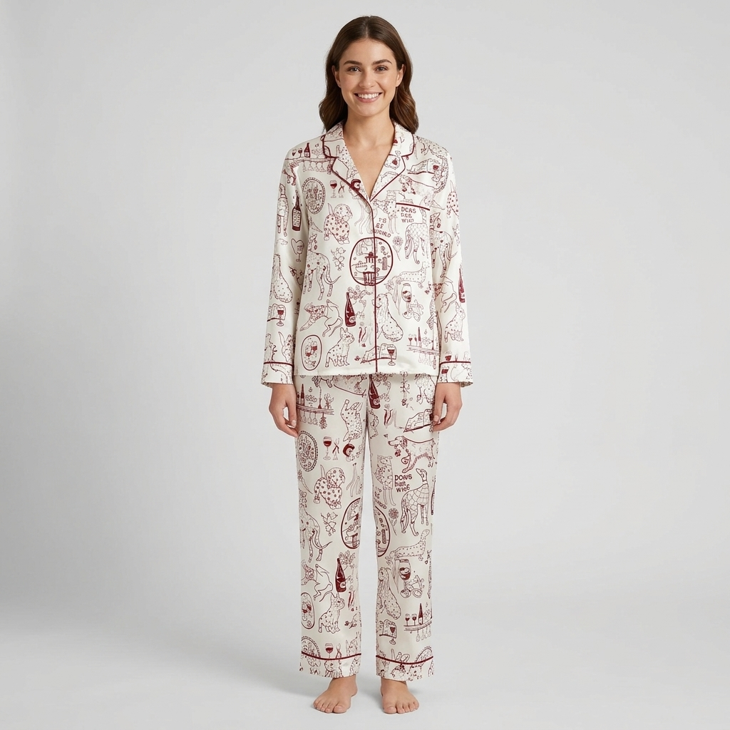 Women's satin pajama set with dogs, wine bottles and glasses in burgundy line art on white - long sleeve and pants