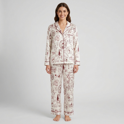 Women's satin pajama set with dogs, wine bottles and glasses in burgundy line art on white - long sleeve and pants