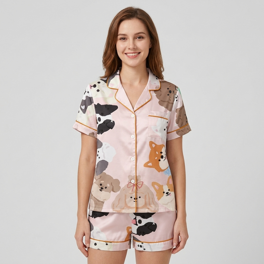 Women's satin pajama set with shiba inus, poodles and frenchies on soft blush pink with gold piping - short sleeve and shorts