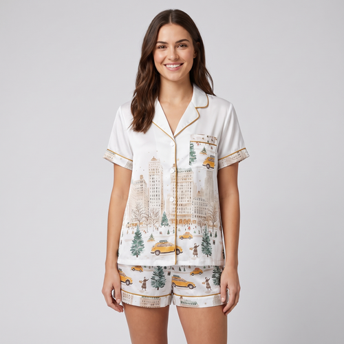 Watercolor New York Snow Women's Pajama Set - short sleeve and shorts