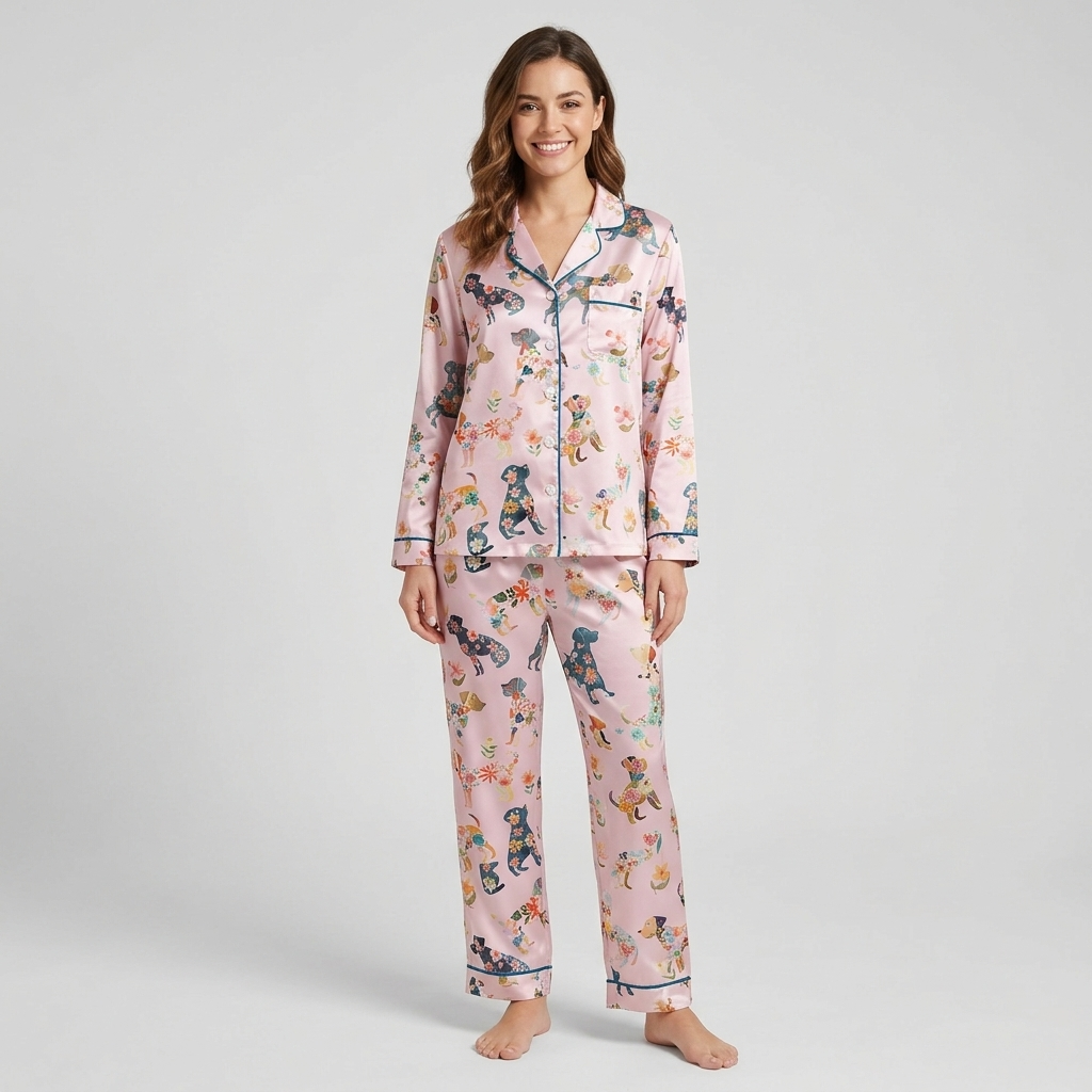 Floral Silhouette Dogs Women's Pajama Set - Pink long sleeve and pants