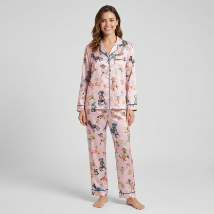 Floral Silhouette Dogs Women's Pajama Set - Pink long sleeve and pants
